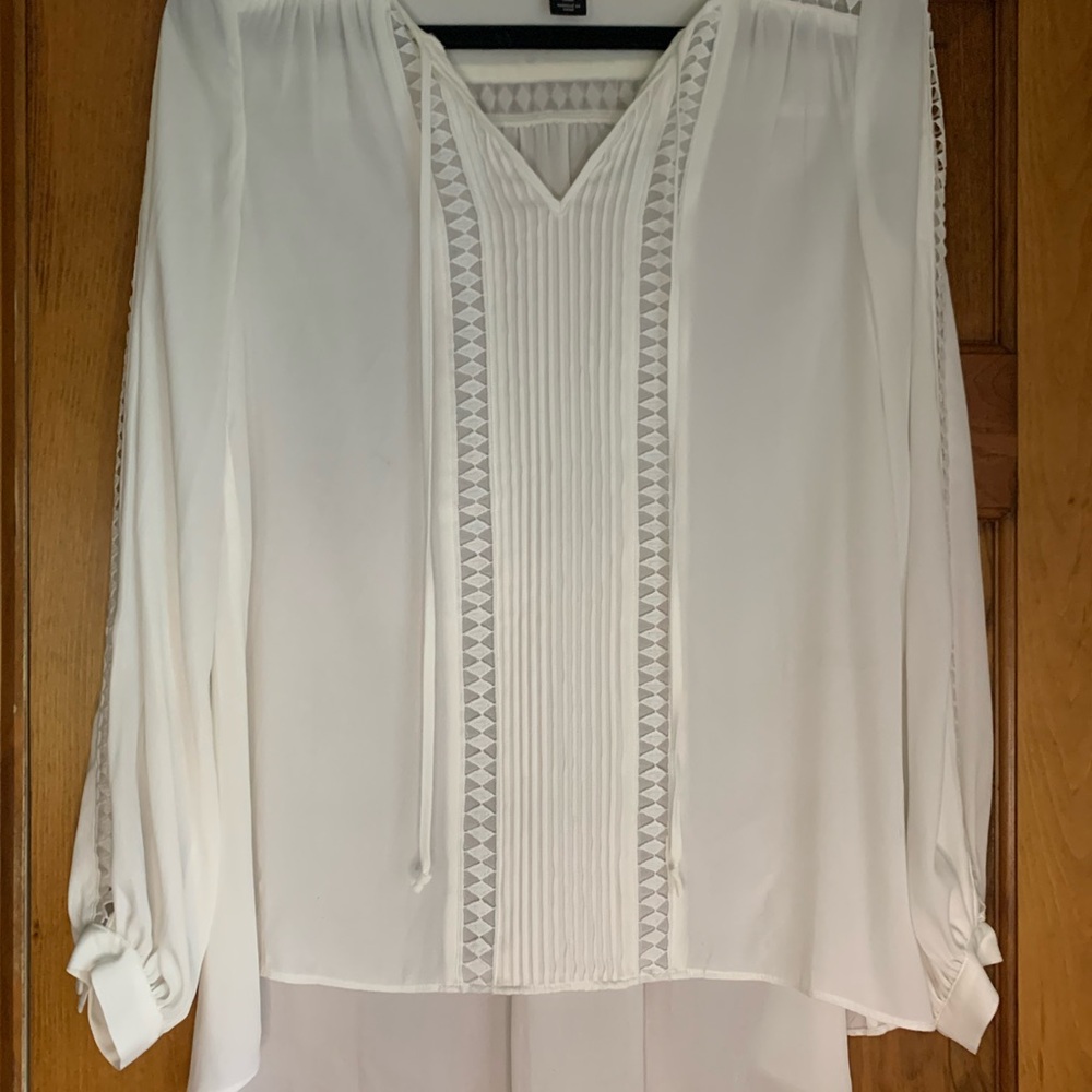 White House Black Market Cream Blouse with Geometric Trim